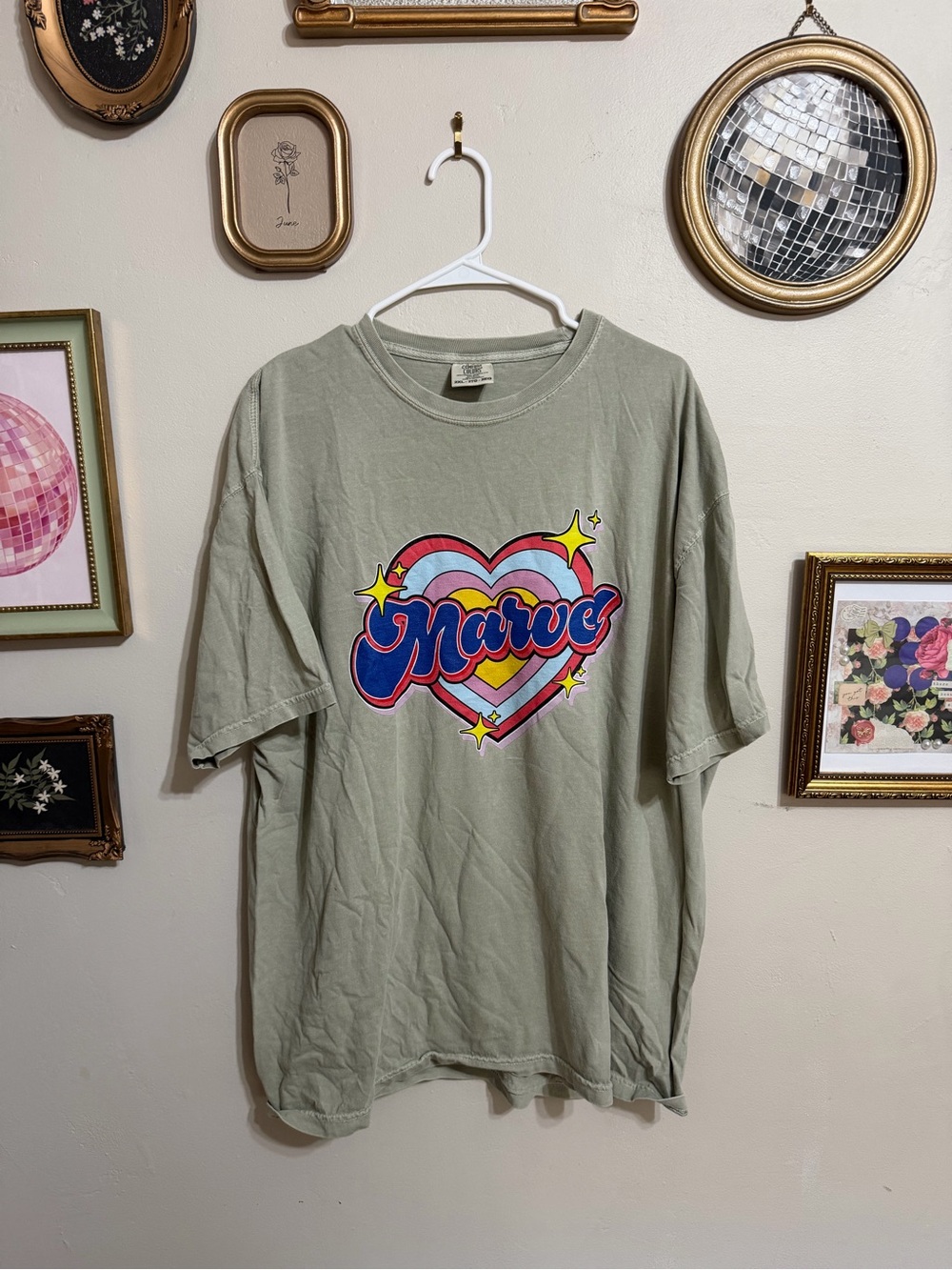 Marvel Sage Green Short Sleeve Tee with Retro Heart Graphic